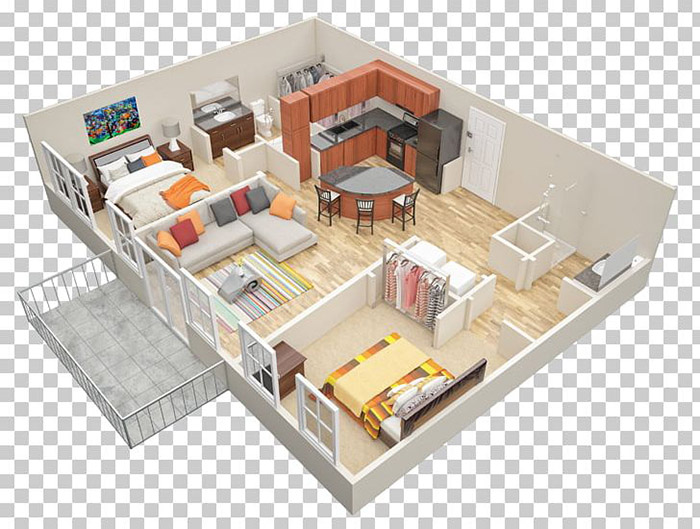 Thiết kế căn hộ 60m2 2 phòng ngủ