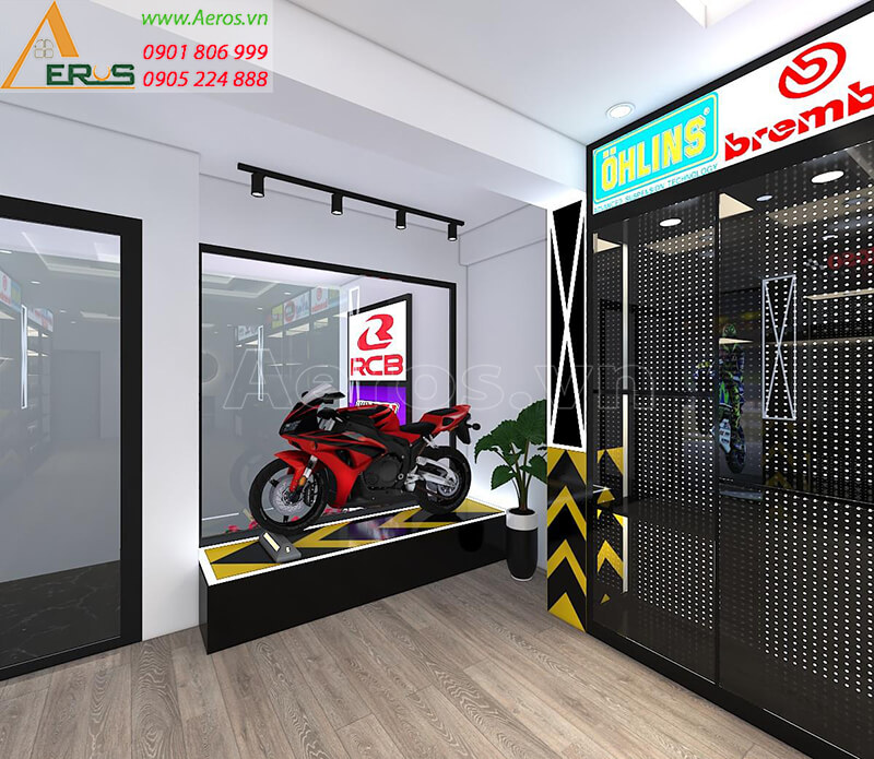 Thiết kế nội thất shop phụ tùng đồ chơi xe máy Đen Shop, Bình Dương