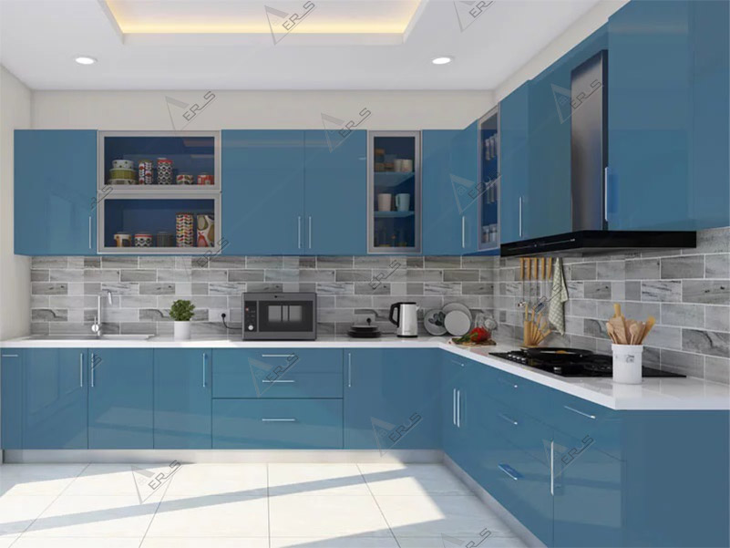 Mẫu thiết kế bếp nhà cấp 4 màu xanh dương
